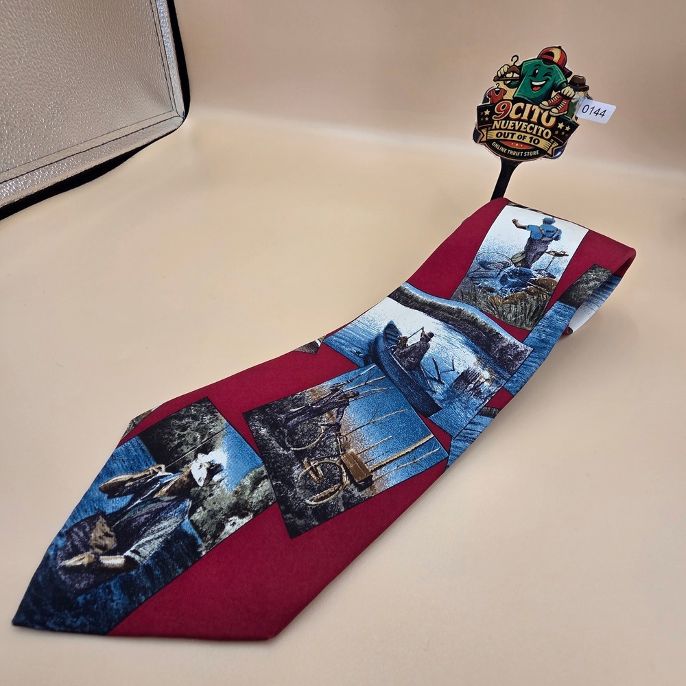 Eddie Bauer Mens Silk Tie Burgundy Fly Fishing Outdoorsman Hand Printed Italy
